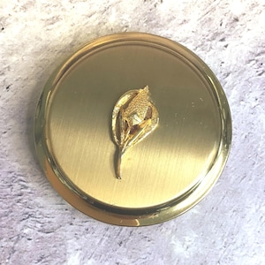 Vintage Gold Metal Powder Compact With Stylised Leaf on Lid and Content, Vintage Vanity Ware