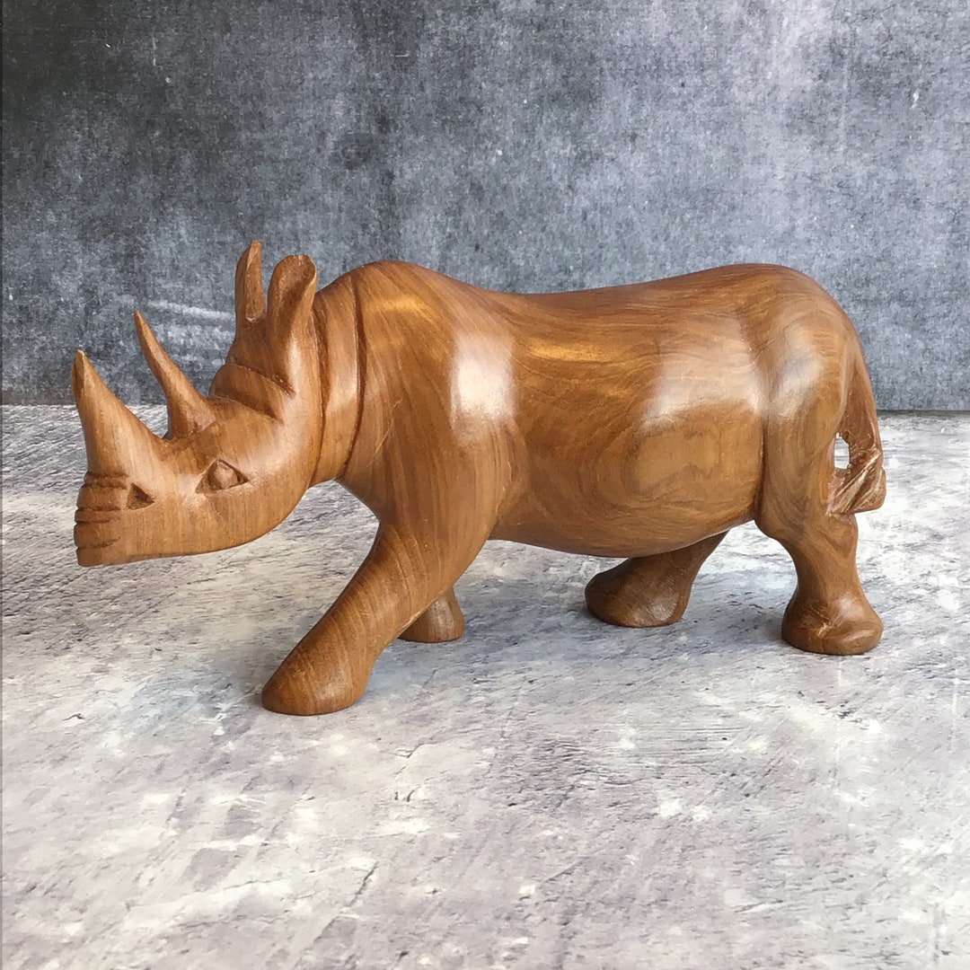 Large Vintage Mid Century Hand Carved Teak Rhinoceros Solid Etsy