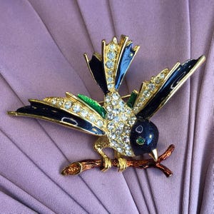 Vintage SPHINX Bird Brooch, Enamel & Rhinestone Black Bird