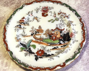 Antiker 19th Century Ashword Bros Hanley Handbemalter Chinoiserie Speiseteller - Knalliges Weidenmuster