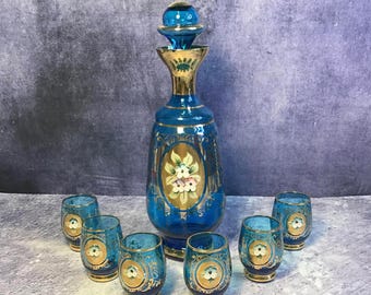 Antique Venetian Art Murano Italy Hand Painted Glass Decanter Set