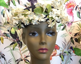 Vintage 1950s Navy Blue Linen Hat With Halo of Cream Flowers and Green Leaves, Vintage Wedding Hat