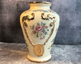 Large Vintage Floral China Vase With Gilded Swags and Medallions and Gold Stippled Rims