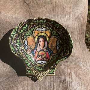 Madonna met kind decoupage sint-jakobsschelp: religieus cadeau