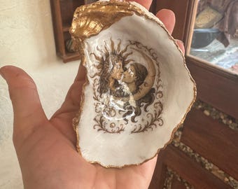 Sun and Moon Lovers Oyster Shell Dish with Gold Edge – Celestial Romantic Decor