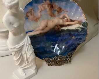 Muszla decoupage z motywem narodzin Wenus: talerzyk na drobiazgi z płatków złota
