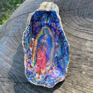 Concha de ostra, Virgen María, Nuestra Virgen María de Guadalupe, Concha de decoupage, Plato de concha de ostra, Plato de baratijas, Concha de ostra, Coleccionistas de conchas