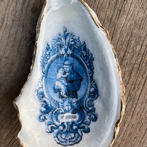 Azulejos, Portugese Tiles, Religious, St.Antonio, Portugal, Blue and White, White and Blue, Gift for Him, Fot Good Luck, Oyster Shell, Shell