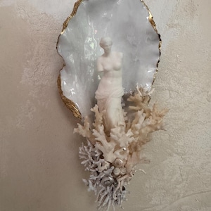 May include: A white sculpture of a classical female figure inside a large, irregular, white shell with a gold rim. The shell is mounted on a wall and adorned with white coral and small seashells.