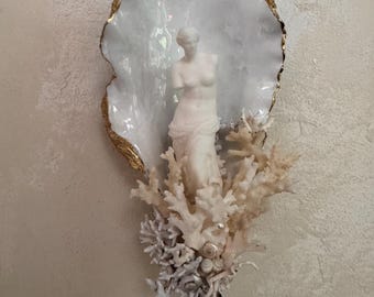 Austernmuschel-Kunst mit Venus und Koralle – Wandskulptur