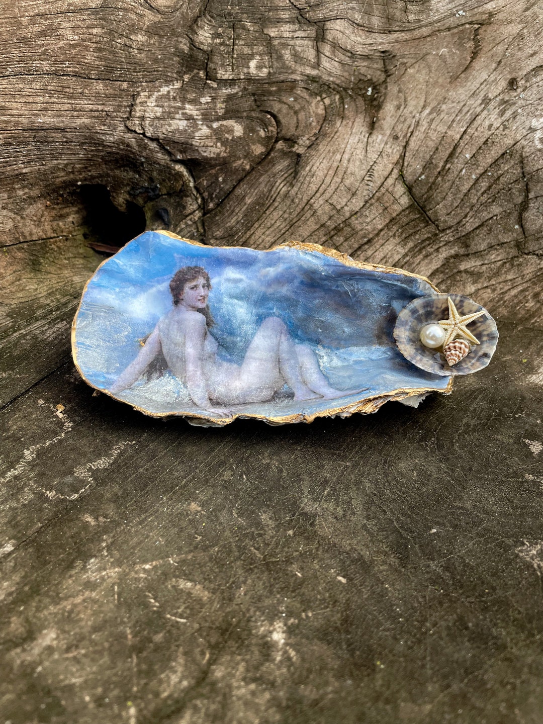 Decoupage Oyster Shell: Nymph Coastal Decor With Gold Edge - Etsy