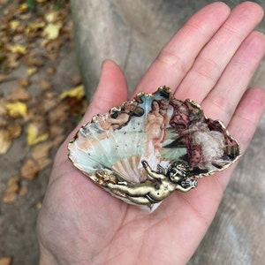 K&ouml;nnte beinhalten: Eine dekorative, muschelf&ouml;rmige Schmuckschale mit einem Druck von Botticellis "Die Geburt der Venus". Die Schale hat einen goldfarbenen Rand und eine kleine, goldfarbene Cherubfigur. Die Muschel wird in einer Hand gehalten.