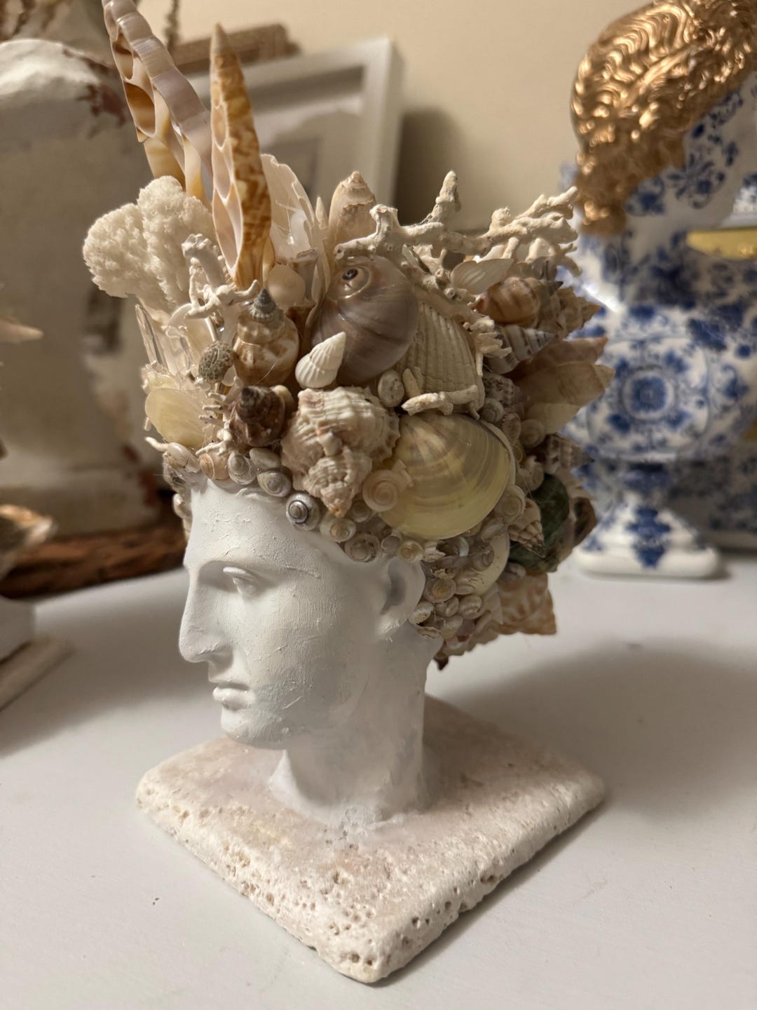 Seashell Head Seashell Crown Sculpture • Handmade Coastal Goddess Head - Etsy