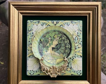 Alphonse Mucha Art Nouveau Decoupage Tile - William Morris Pattern