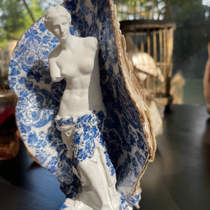 Pu&ograve; includere: Una statua in gesso bianco di una donna, in piedi in un guscio di ostrica con motivo blu e bianco. La statua &egrave; una replica della Venere di Milo.