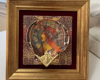 Alphonse Mucha Jugendstil Decoupage Muschel gerahmt Kunst
