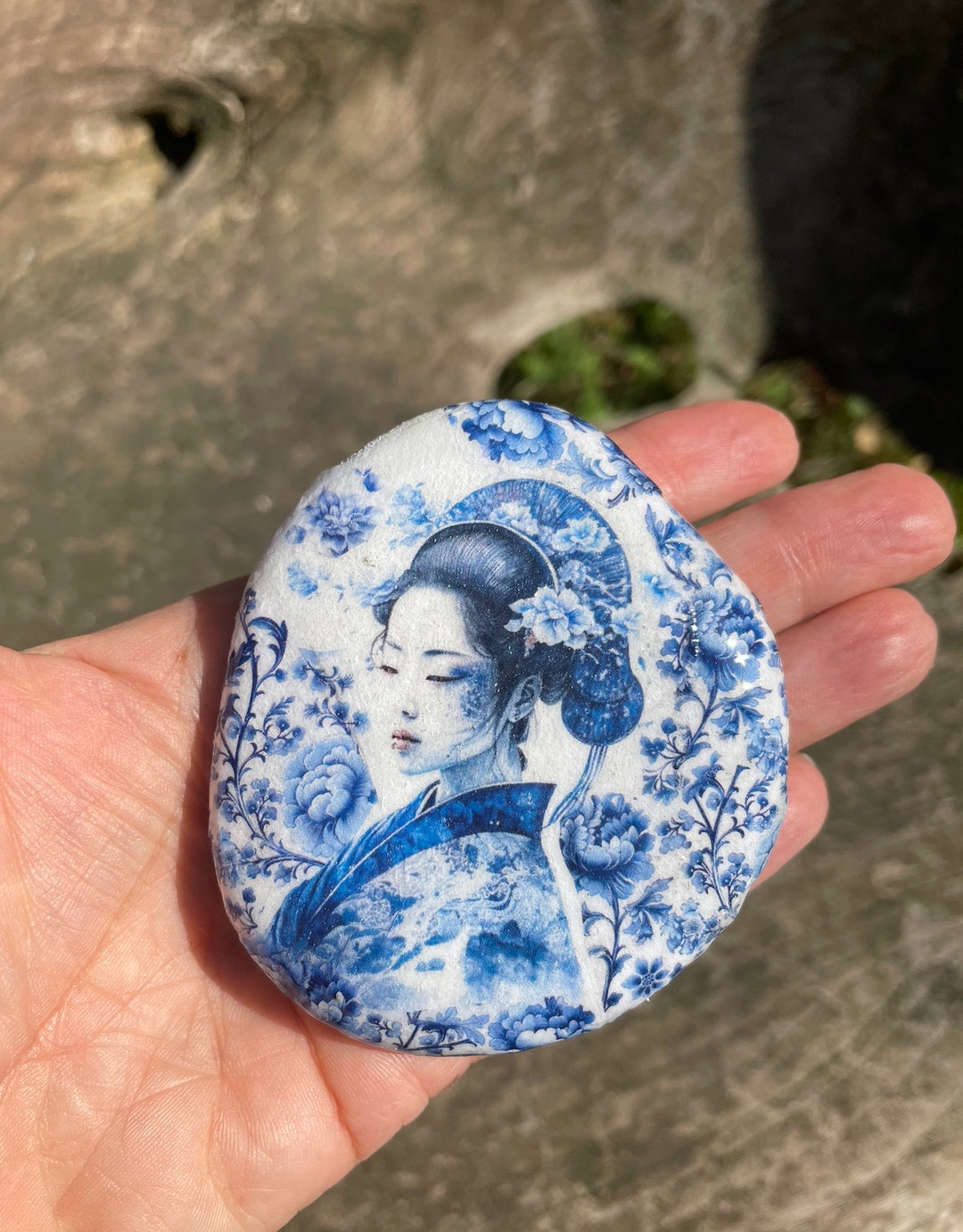 Decoupaging Stones Decoupage Stone Decor: Hand-painted Chinoiserie Portrait - Etsy