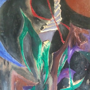 May include: Abstract painting with a dark background and vibrant colors. The painting features a large, swirling shape in the center, with smaller shapes and lines radiating outward. The colors used are red, blue, green, purple, and gold.