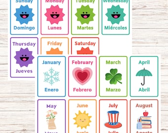 Bilingual Flashcards: Days, Months - Spanish & English (Printable)