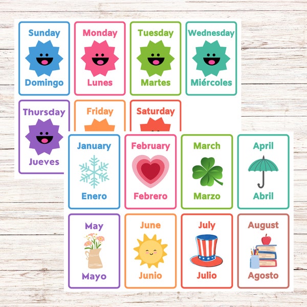 Bilingual Flashcards-Days of the Week and Months of the Year-Spanish and English Printable-Study tools, Kid’s review, Educational tool
