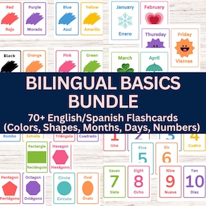 May include: A set of bilingual English/Spanish flashcards with the title "Bilingual Basics Bundle". The flashcards feature colors, shapes, months, days, and numbers. The cards have a white background with colorful illustrations and text in both English and Spanish.