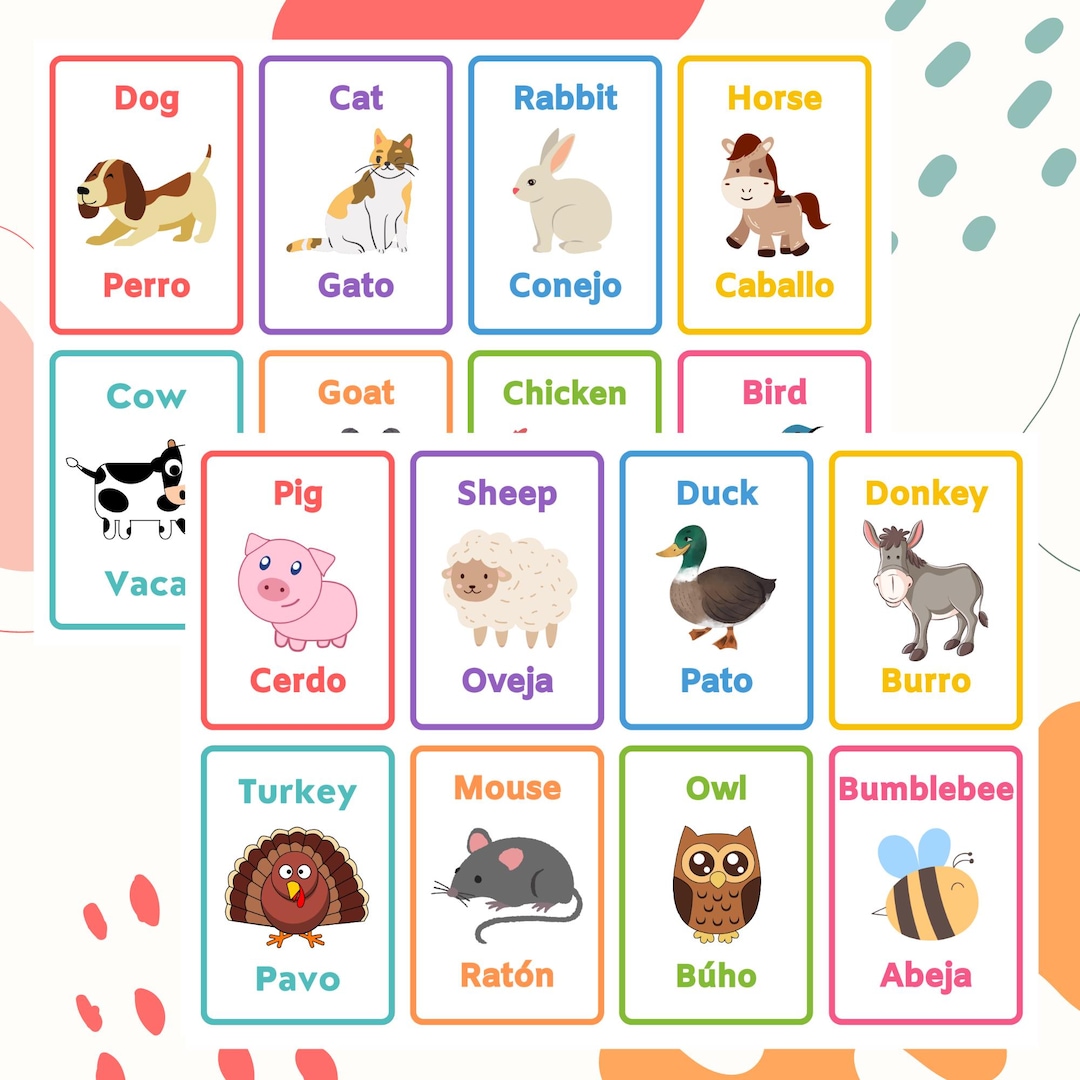 Farm Animals Bilingual Flashcards-spanish and English Printable-study ...