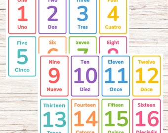 Numbers Bilingual Flashcards-Spanish and English Printable-Study tools, Kid’s review, Educational tool, Preschool Tools, Early Learning