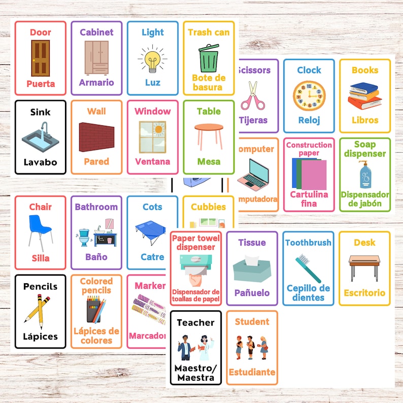 May include: Colorful flashcards with illustrations and Spanish and English words for classroom objects, such as door, window, chair, table, sink, and more.