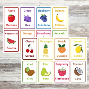 Tarjetas didácticas bilingües de frutas: imprimibles en español e inglés: herramientas de estudio, repaso para niños, herramienta educativa, aprendizaje temprano, educación para niños pequeños