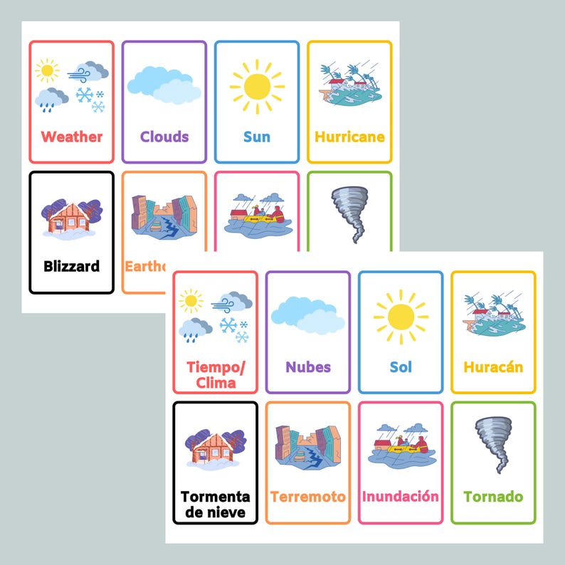 Bilingual Weather Flashcards Matching Game | Spanish and English ...