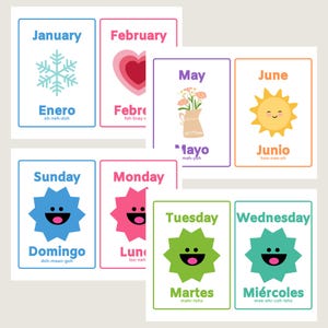 Flashcards bilíngues - Dias da semana e meses do ano - Espanhol e inglês para impressão com pronúncia - 5x7