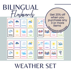 Jeu d'associations bilingues de cartes météo | Espagnol et anglais imprimable | Avis pour enfants, outil pédagogique