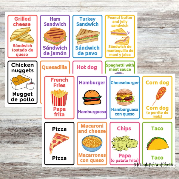 Bilingual Common Food Flashcards-Spanish and English Printable-Study tool, Kid’s review, Educational tool, Early Learning, Toddler Education