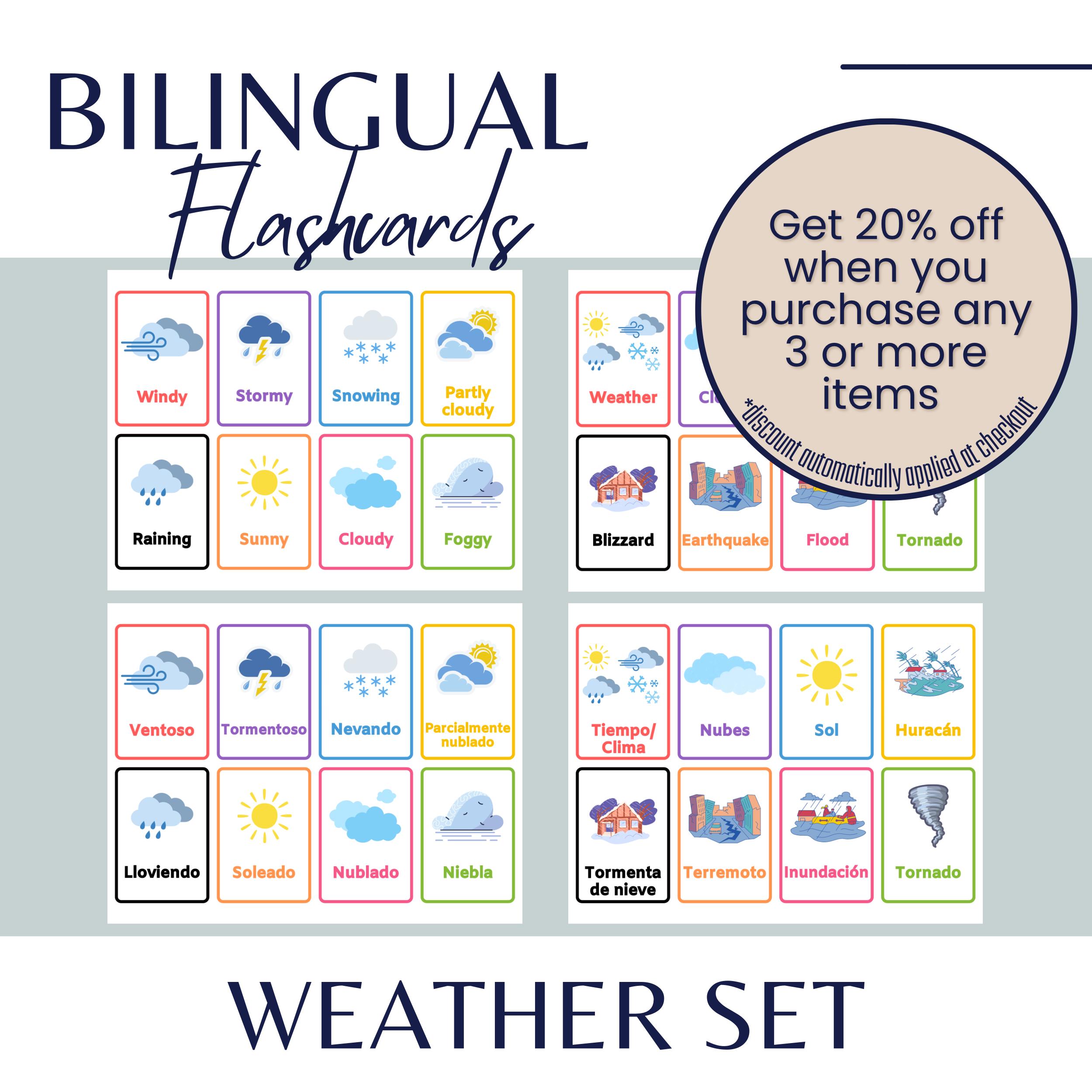 Bilingual Weather Flashcards Matching Game | Spanish and English ...