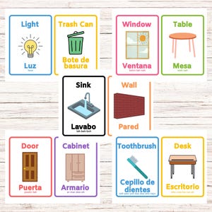 Etichette e regole per la classe bilingue - Spagnolo e inglese 5x7 con guida alla pronuncia - Risorse per la classe, Strumento didattico, Apprendimento precoce