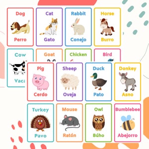 Farm Animals Bilingual Flashcards-Spanish and English Printable-Study tools, Kid’s review, Educational tool, Preschool Tools