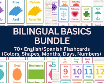 70+ Bilingual Basics Flashcards Bundle-Spanish and English Printable-Study tools, Kid’s review, Early Learning, Toddler Education Tool
