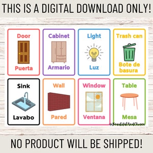 May include: A set of colorful flashcards with illustrations of common household objects. Each card features the English word and the Spanish translation. The objects include a door, cabinet, light, trash can, sink, wall, window, and table.