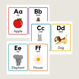 Può includere: Flashcard educative con l'alfabeto. Ogni carta mostra una lettera, la sua pronuncia e un'immagine corrispondente. Include una mela rossa, un orso marrone, un gatto grigio, un cane, un elefante e un fiore.