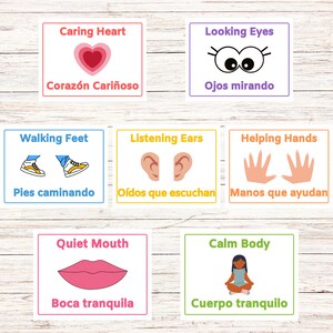 May include: Colorful cards with illustrations of body parts and Spanish and English phrases. The cards include a heart, eyes, feet, ears, hands, mouth, and a person meditating. The phrases include "Caring Heart", "Looking Eyes", "Walking Feet", "Listening Ears", "Helping Hands", "Quiet Mouth", and "Calm Body".