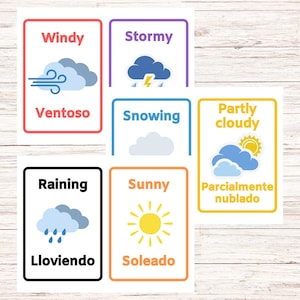 Bilingual Weather Flashcards-Spanish and English Printable-Study tools, Kid’s review, Educational tool, Early Learning - Large