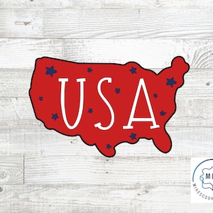 May include: Red outline of the United States of America with the word "USA" in white letters and blue stars inside the outline.