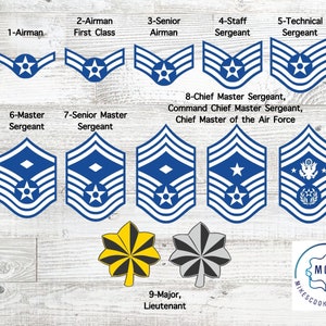 Może przedstawiać: Wykres rang w Siłach Powietrznych Stanów Zjednoczonych, pokazujący odznaki dla każdego stopnia. Stopnie to Airman, Airman First Class, Senior Airman, Staff Sergeant, Technical Sergeant, Master Sergeant, Senior Master Sergeant, Chief Master Sergeant, Command Chief Master Sergeant, Chief Master of the Air Force oraz Major, Lieutenant. Wykres zawiera również logo Mike's Cookie Cutters.