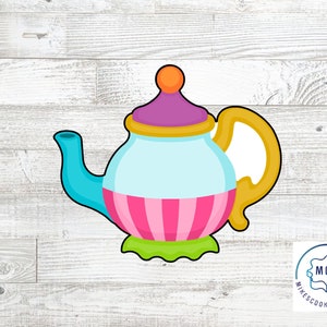 May include: A colorful teapot cookie cutter with a blue spout, gold handle, pink and white stripes, and a green base. The cutter is designed to create a whimsical teapot shape.