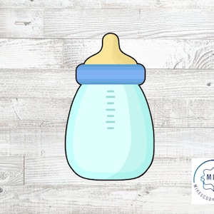 May include: A blue and yellow baby bottle cookie cutter. The bottle is light blue with a yellow nipple and a blue lid. The cookie cutter is designed for making baby shower cookies.