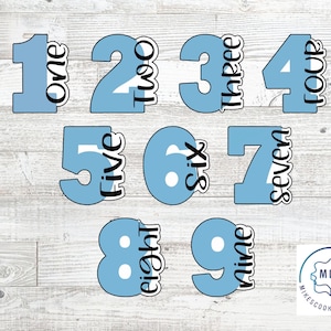 May include: Nine blue cookie cutters with numbers 1 through 9, each with the number spelled out vertically. The cutters are on a wood background. The text "Mikes Cookie Cutters" is visible in the bottom right corner.