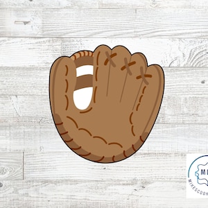 May include: A brown baseball glove with detailed stitching and a pocket. The glove is a cartoon illustration, perfect for sports-themed crafts or decorations. The design is set against a light wood grain background.