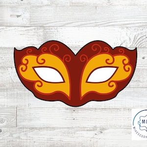 May include: A red and orange masquerade mask with intricate details. The mask has a white eye opening and is perfect for a costume or party.