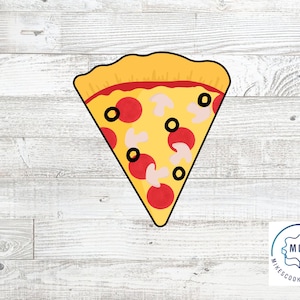 May include: A yellow and red pizza slice cookie cutter with pepperoni and mushroom toppings. The cookie cutter is on a white wood background.