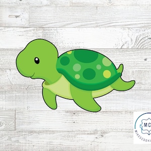 May include: Green cartoon turtle cookie cutter with a spotted shell. The turtle has a smiling face and is walking forward.